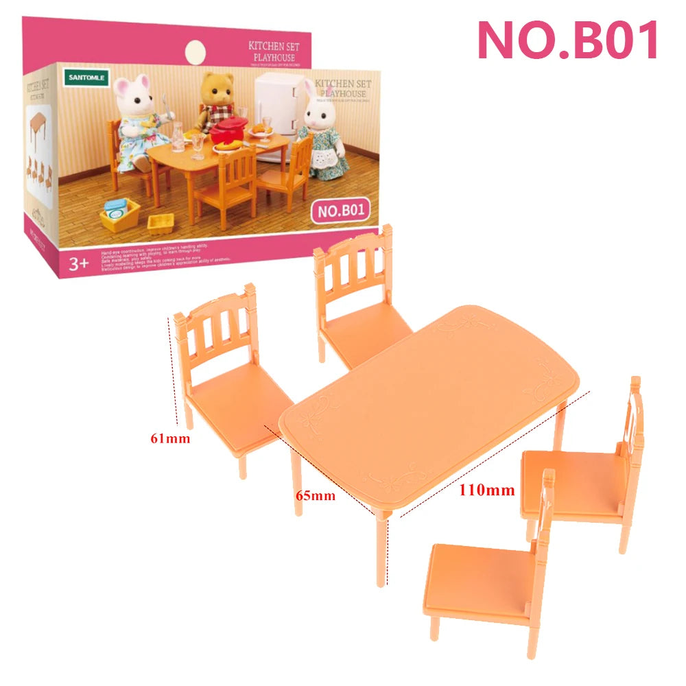 An orange 1:12 scale dollhouse furniture set featuring a dining table and chairs.