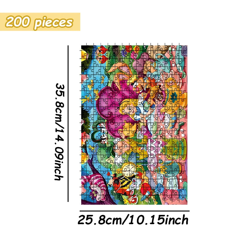 A 200 piece jigsaw puzzle depicting a colorful Alice in Wonderland tea party scene.