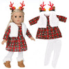 A doll wearing a red plaid dress with white fur trim and reindeer antlers, paired with white pants and boots.