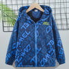 A blue waterproof winter jacket for kids with a hood, featuring a geometric pattern and a full zip closure.