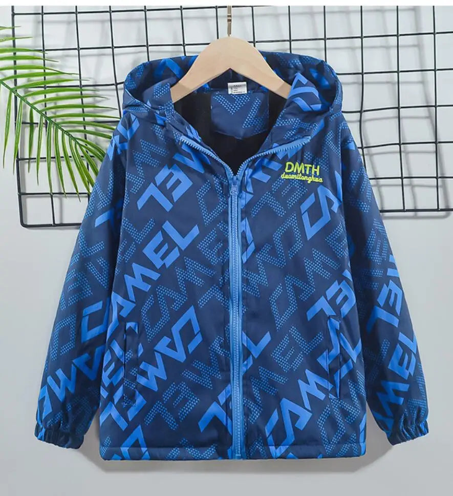A blue waterproof winter jacket for kids with a hood, featuring a geometric pattern and a full zip closure.