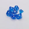A collection of ten blue acrylic polyhedral dice showing various numbers and shapes.