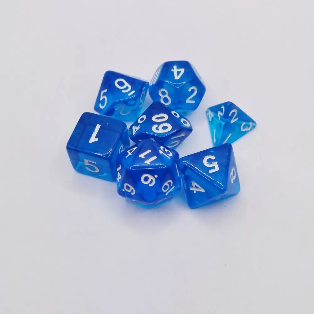A collection of ten blue acrylic polyhedral dice showing various numbers and shapes.