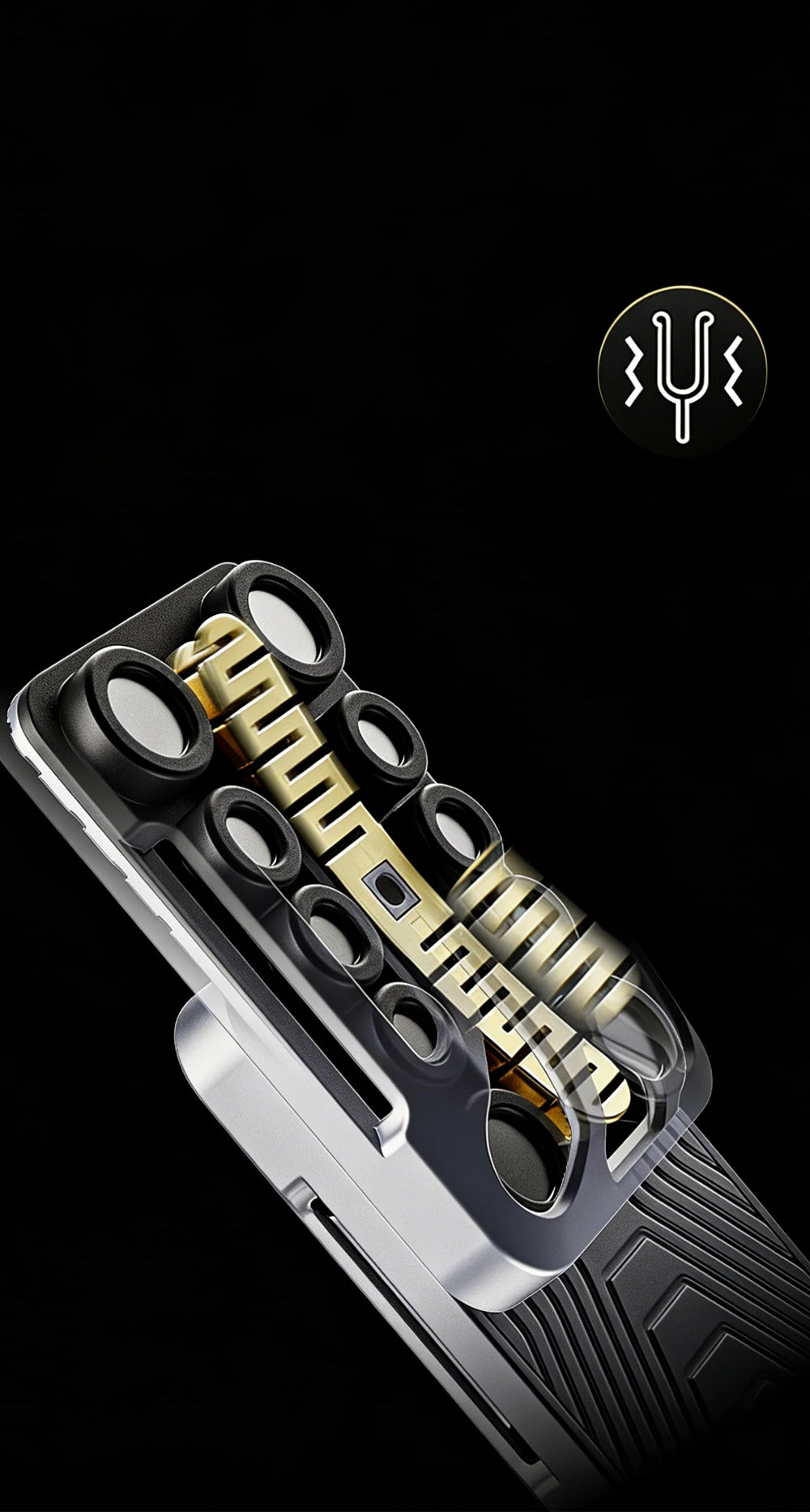 A close-up view of a metal magnetic fidget slider with gold and black components.