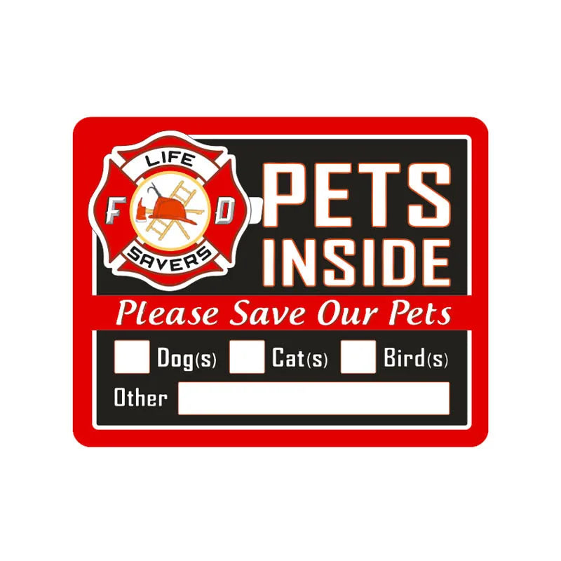 A red rectangular window decal featuring a yellow and black emblem with the text LIFE SAVERS and PETS INSIDE, with boxes for 