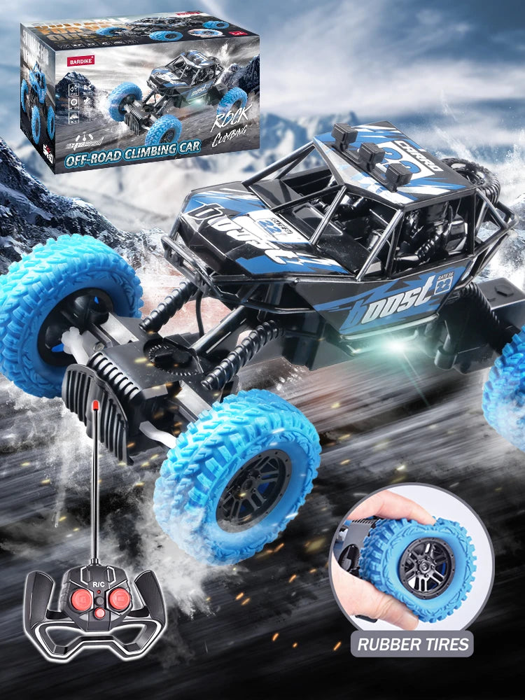 A black and blue off-road climbing RC car with large blue rubber tires and a remote control transmitter.