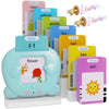 A light blue talking flash card learning machine with various colorful cards like flower, potato, and tiger.