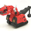 A red die-cast dinosaur truck toy with a removable dino figure.