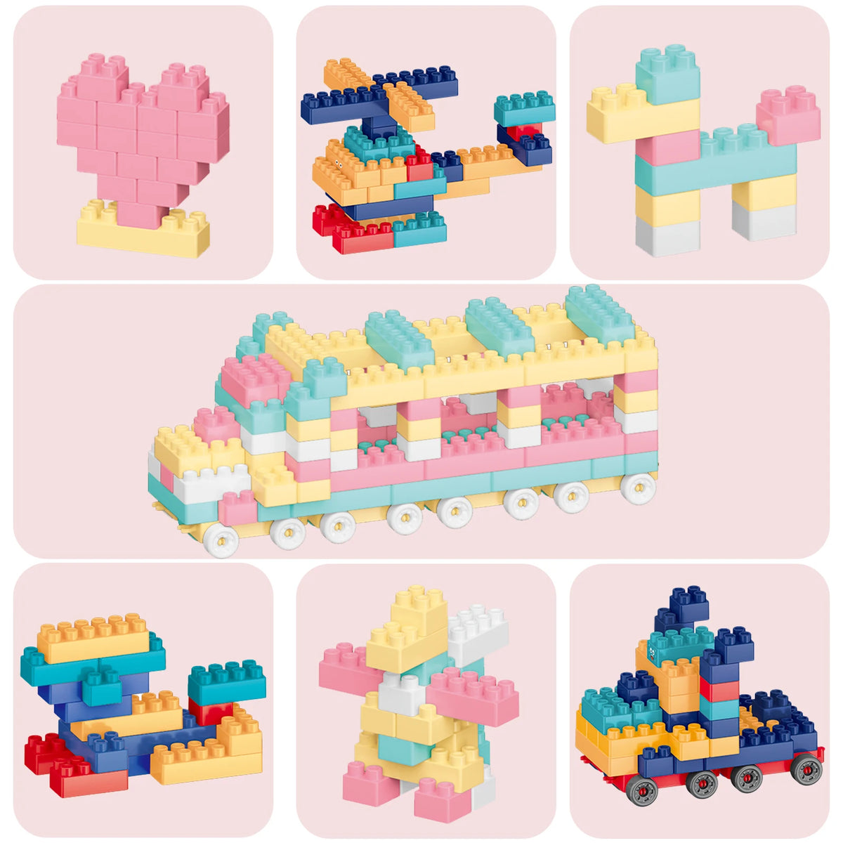 A collection of colorful educational stacking blocks, including various shapes and a train set.
