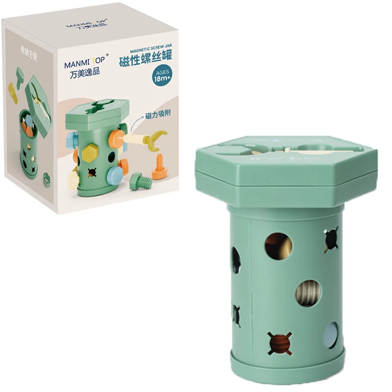A green magnetic screw jar toy for toddlers featuring various shapes and screws for fine motor skill development.