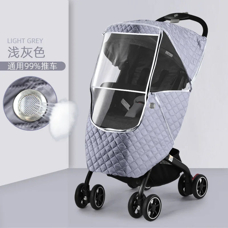 Light grey universal waterproof winter stroller cover with a clear window and quilted texture