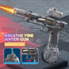 A silver airsoft gun is shown firing a stream of light and water, demonstrating the breath fire feature.