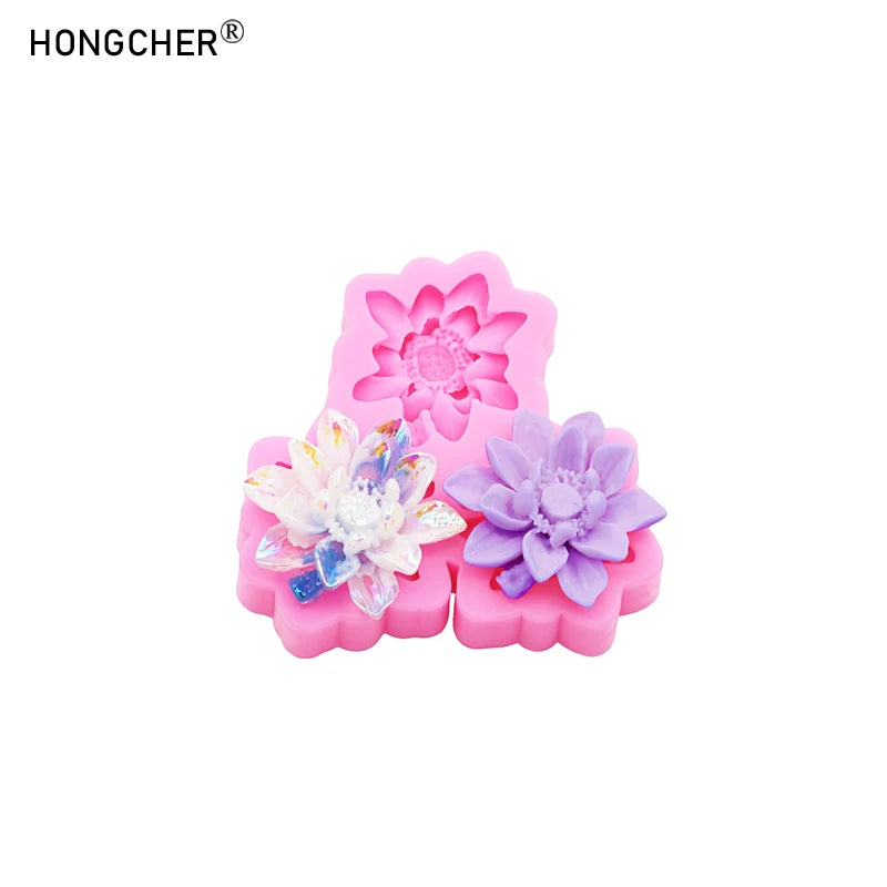 Pink silicone molds shaped like peonies and roses for resin jewelry and baking