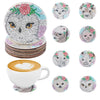A set of diamond art coasters featuring various animal designs like a hedgehog, elephant, and owl.