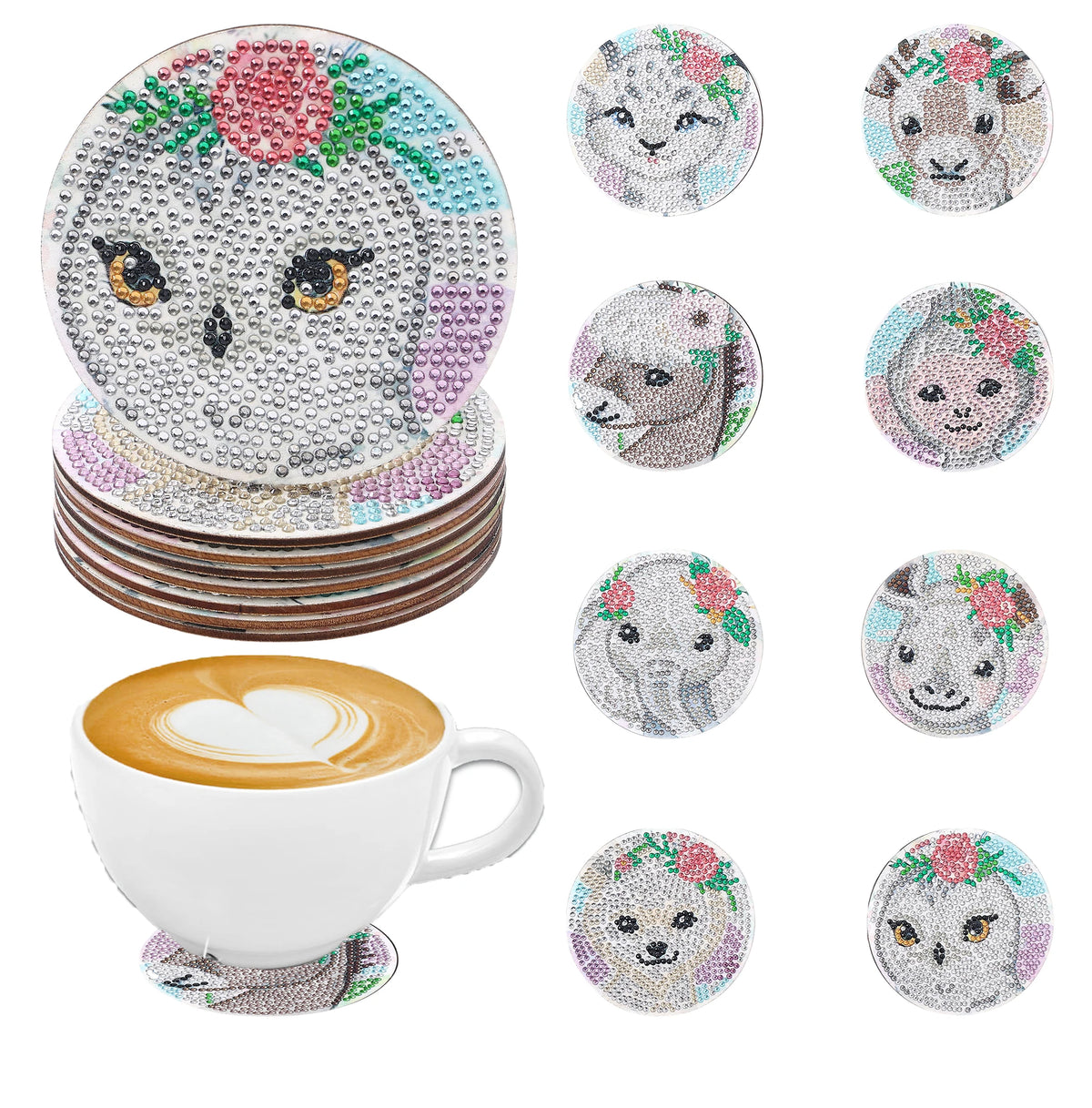 A set of diamond art coasters featuring various animal designs like a hedgehog, elephant, and owl.
