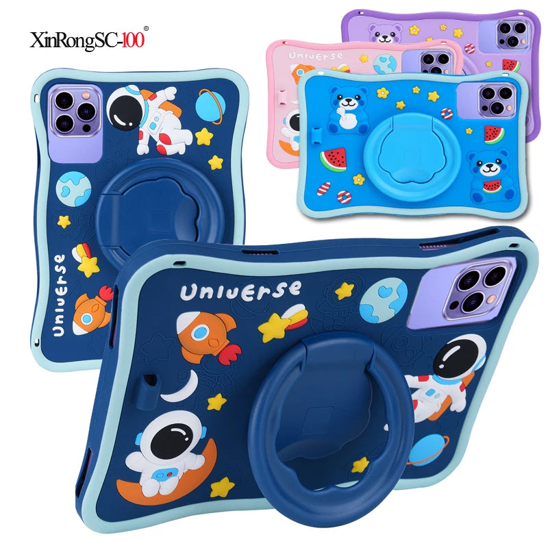 A collection of colorful silicone tablet cases featuring various space and animal themes for children.