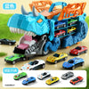 A dinosaur transport truck toy set featuring transforming die-cast cars in various colors and models.