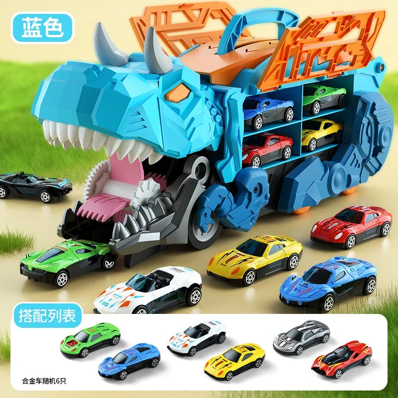 A dinosaur transport truck toy set featuring transforming die-cast cars in various colors and models.