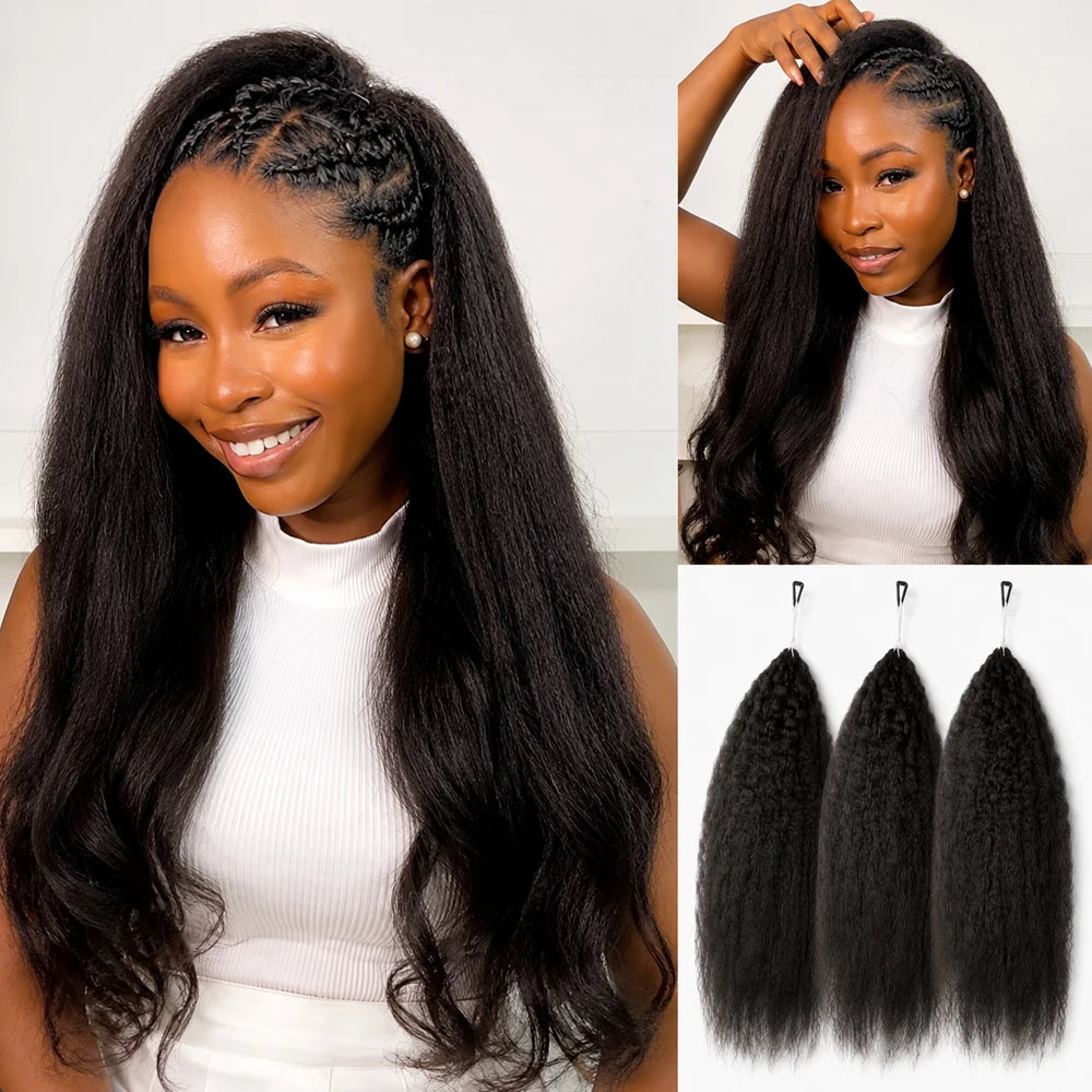A woman models long, black kinky straight crochet hair extensions with a knotless style.