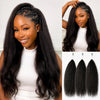 A woman models long, black kinky straight crochet hair extensions with a knotless style.
