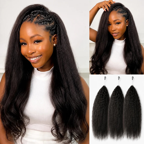 A woman models long, black kinky straight crochet hair extensions with a knotless style.