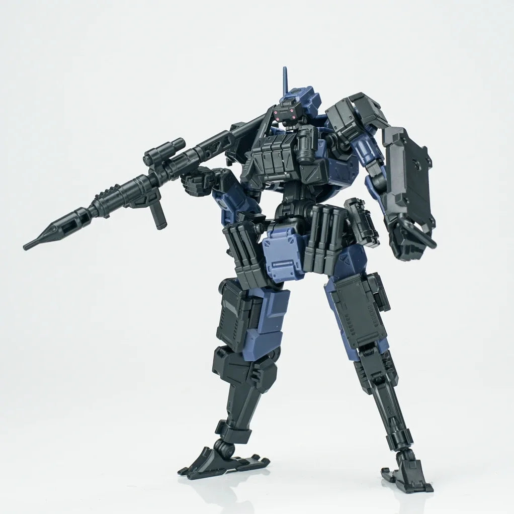 A 1/18 scale FENRIR A6 Assault Type Mecha model kit in dark blue and black, shown from the side.