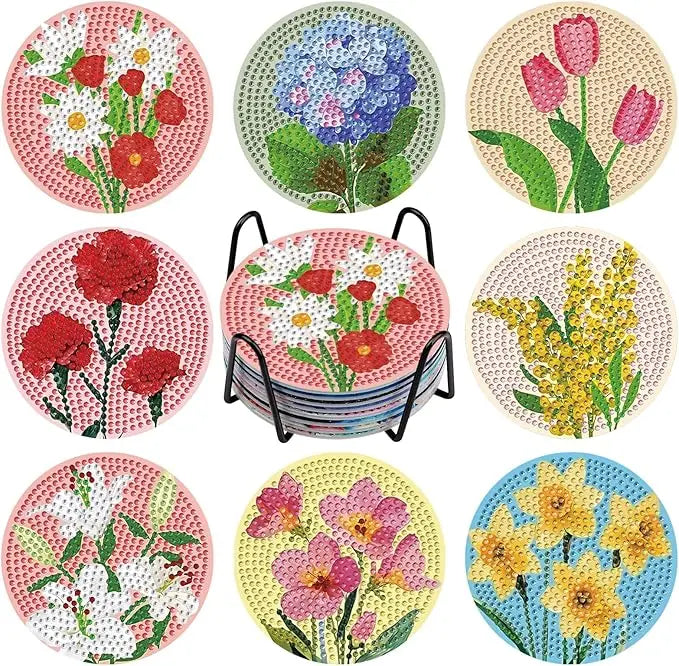 A set of floral diamond painting coasters with metal holders featuring various colorful flower designs.
