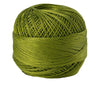 A ball of olive green 100% cotton crochet thread used for tatting and embroidery.