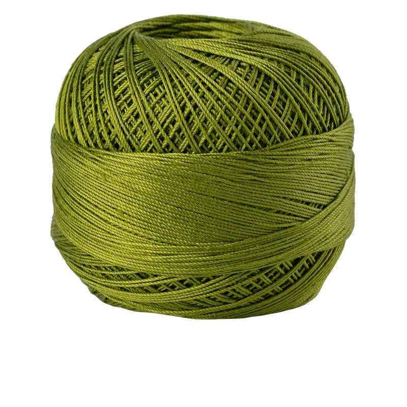 A ball of olive green 100% cotton crochet thread used for tatting and embroidery.