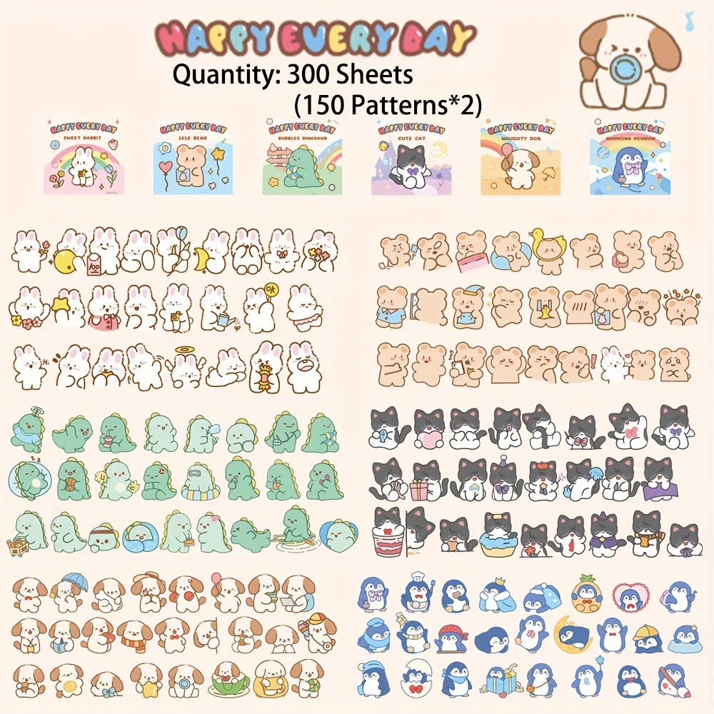 Cute Cartoon Animal Washi Sticker Set – 300 Sheets for Journaling & Crafts