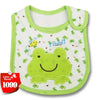 A green cartoon-themed baby feeding bib with a white background and light green trim.