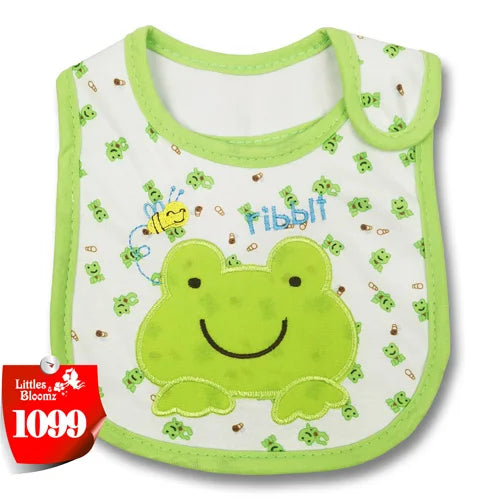 A green cartoon-themed baby feeding bib with a white background and light green trim.