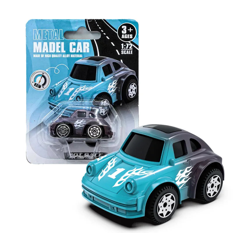 A light blue pull-back model car in 1:72 scale with racing graphics displayed next to its packaging.