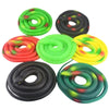 A collection of rubber snakes in green, red, and black colors coiled for Halloween or garden décor.