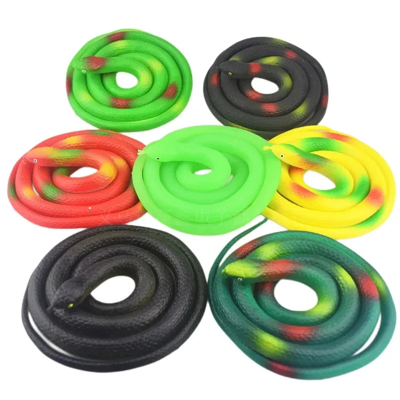 A collection of rubber snakes in green, red, and black colors coiled for Halloween or garden décor.