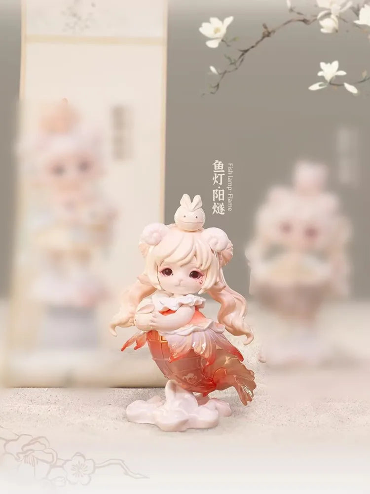 A delicate pink collectible figurine of a girl with white hair and a small bird on her head.