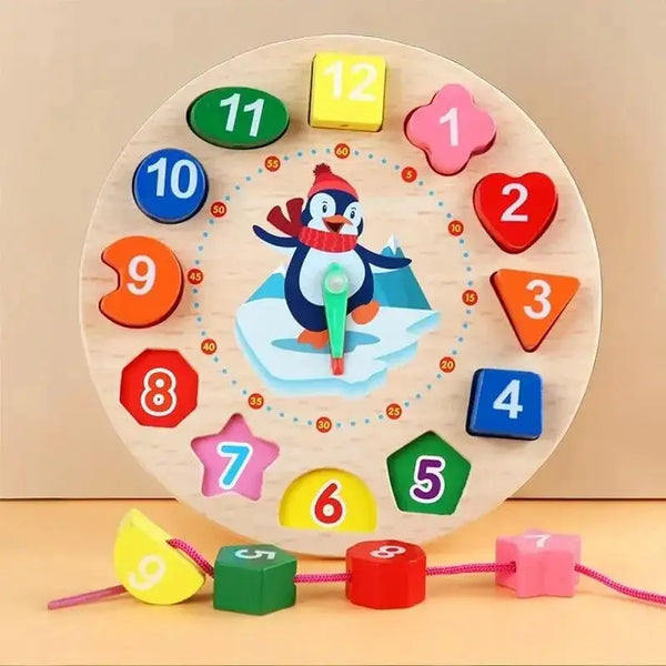 A wooden puzzle clock with numbered faces and colorful wooden blocks arranged in a circle.