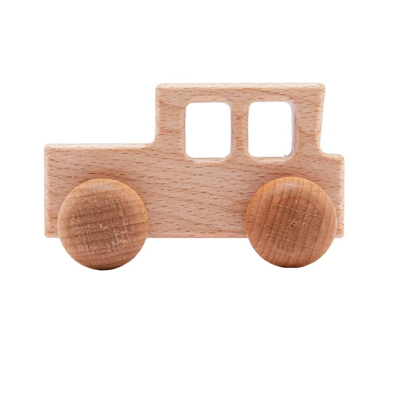 A wooden dinosaur toy car with round wheels and a rectangular body.