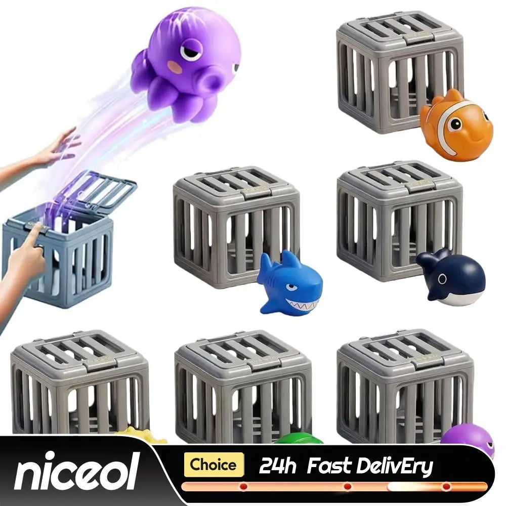 A set of gray plastic ocean rescue toys for toddlers, including a purple fish and an orange fish.