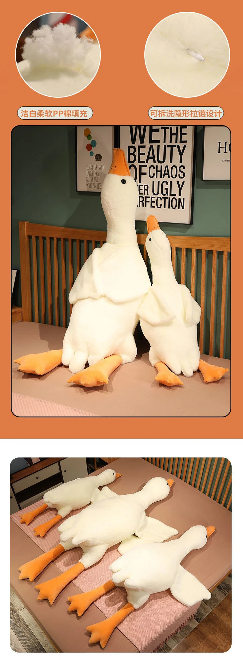 A white plush goose pillow with orange feet is shown in various poses and close-ups.