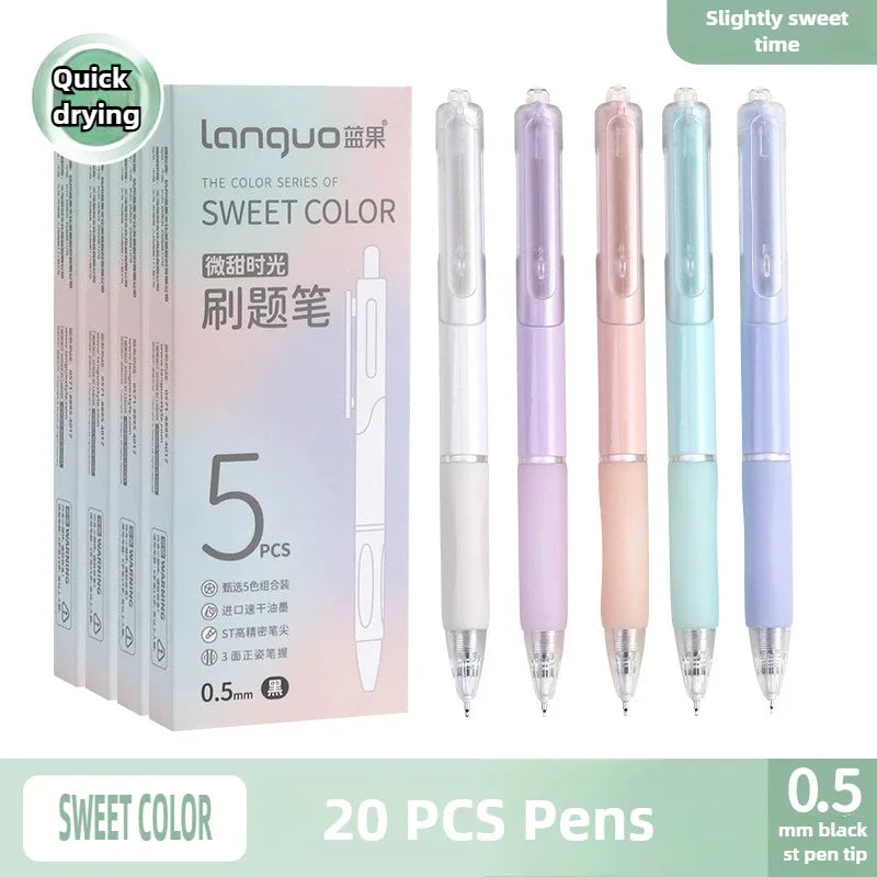 A set of five colored quick-drying gel pens with smooth 0.5mm tips displayed in a box and individually.