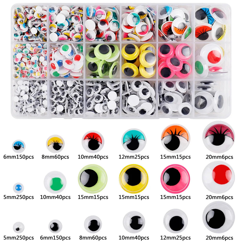 A collection of self-adhesive googly eyes in various sizes and colors for DIY crafts.