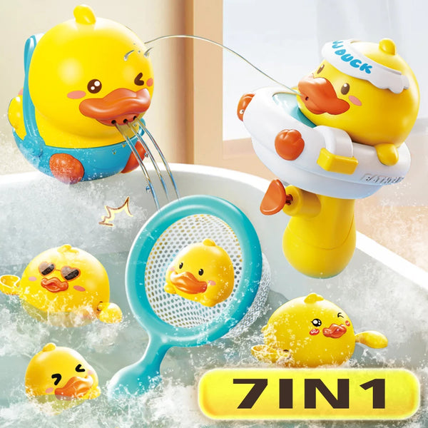 A yellow duck shower toy is shown with multiple ducks and a blue sponge in a white tub.