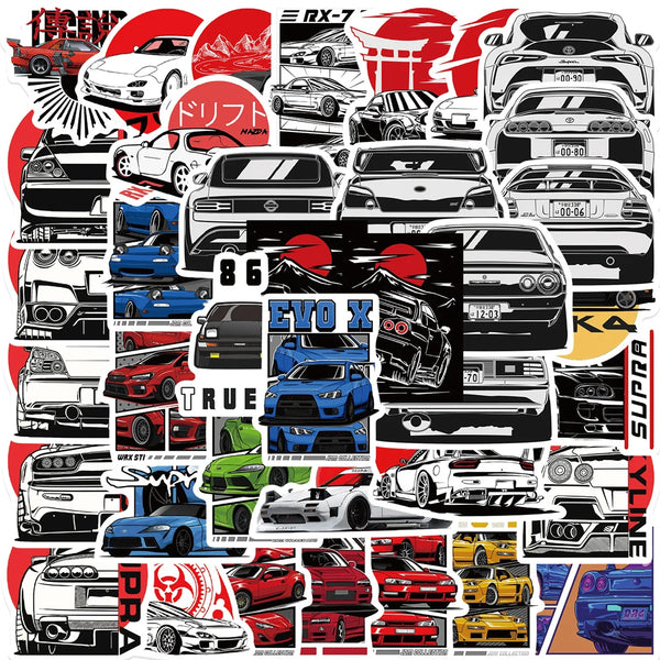 A collection of JDM racing car anime graffiti decal stickers featuring various modified cars and vehicles.