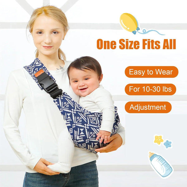 A woman is holding a baby in an adjustable baby sling carrier, demonstrating its ease of use and fit for 10-30 lbs.