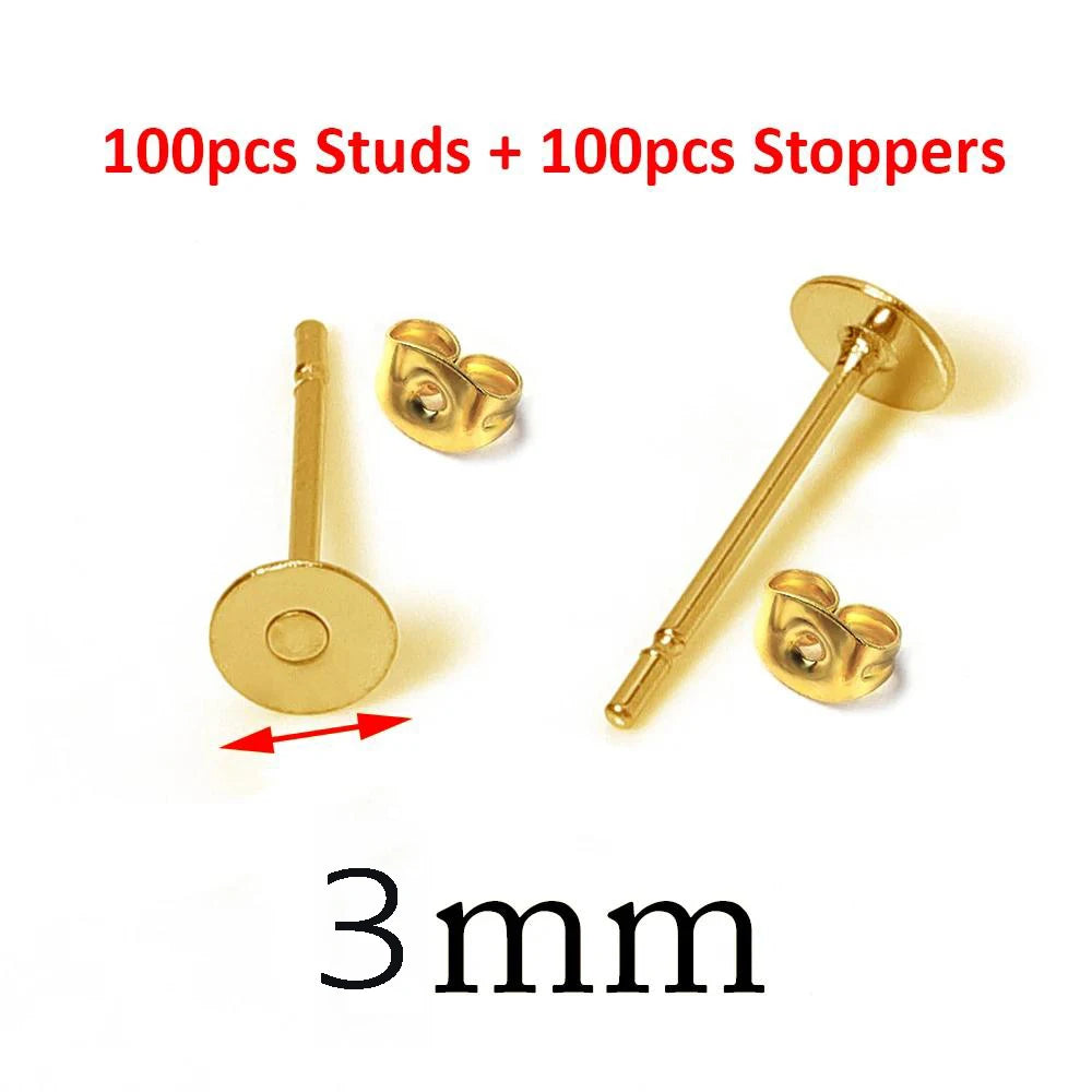 A set of 100 studs and 100 stoppers for DIY jewelry making, measuring 3mm.