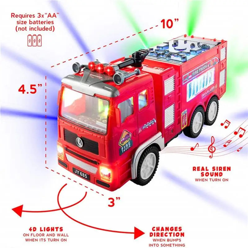 A red electric fire truck toy featuring 4D lights and a real siren sound when turned on.