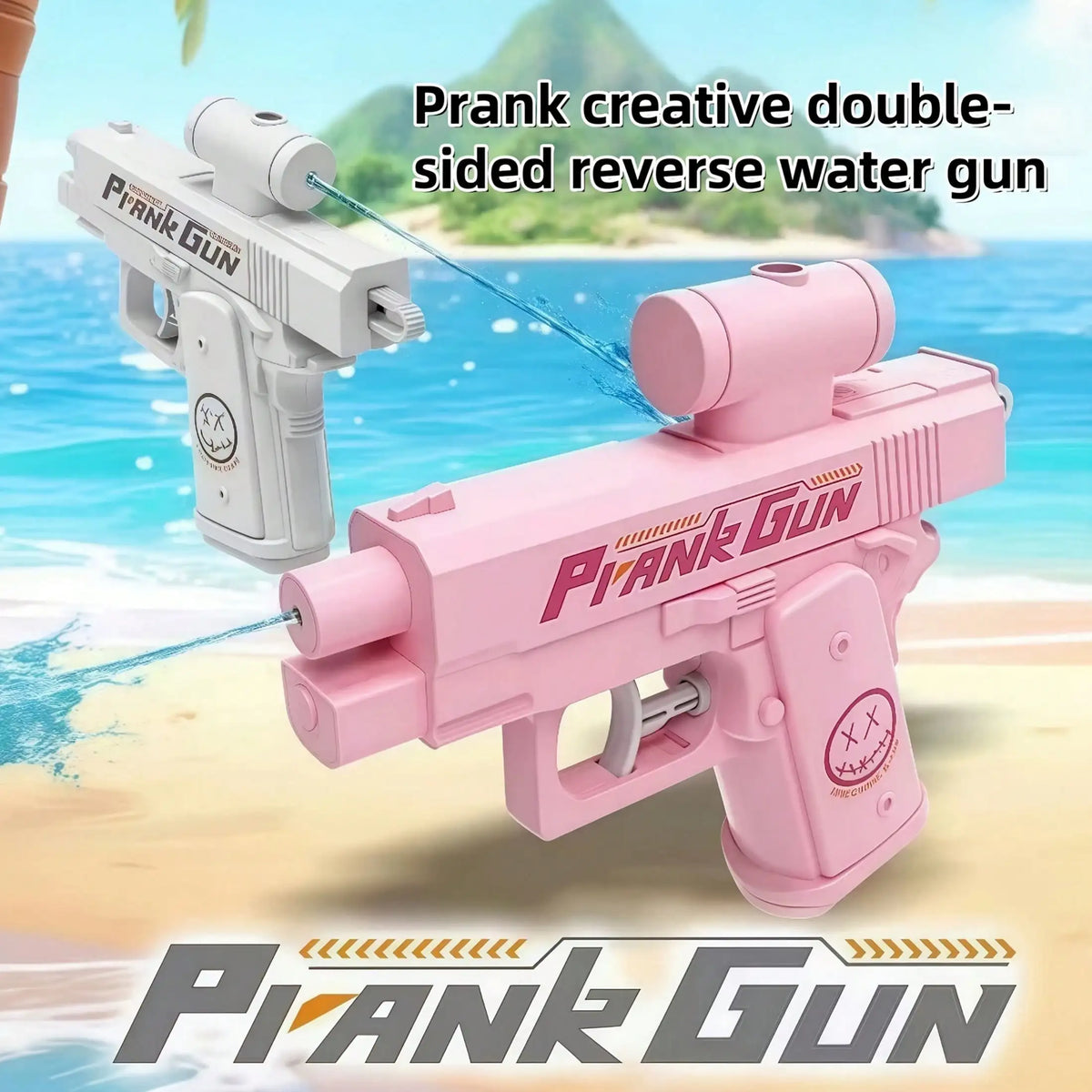 Pink prank gun double-sided reversible water gun being used in a beach setting.