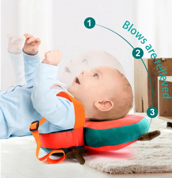 A baby is shown using a soft crystal velvet head protection pillow for relief.