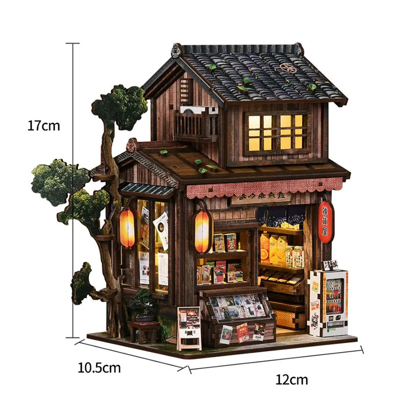 A wooden miniature dollhouse kit featuring a house with a pitched roof, windows, and decorative lighting.